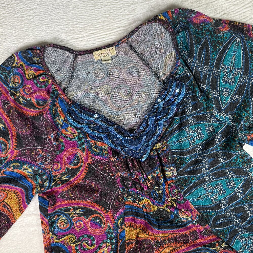 One World Womens M Long Sleeve Pintuck Bohemian Top Blouse Brown Casual Y2K